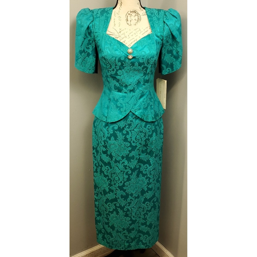 Vtg Scott McClintock Peplum Dress Suit Womens 6 Blue Damask Brocade Evening Wear